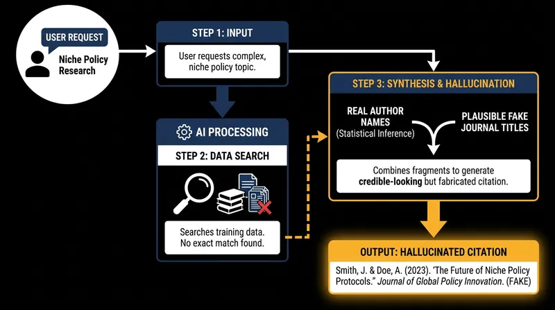 The mechanism of an AI hallucination: how statistical inference creates plausible but entirely fake academic references.