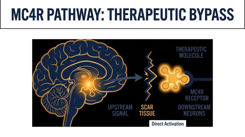 Setmelanotide bypasses damaged hypothalamic tissue to directly stimulate the MC4R pathway, restoring satiety signals.