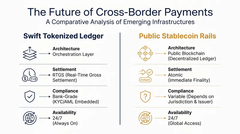 A side-by-side comparison of Swift's regulated tokenized ledger and public stablecoin networks.