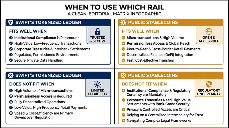 Choosing between regulated banking ledgers and public crypto rails depends entirely on an institution's compliance requirements and need for atomic settlement.