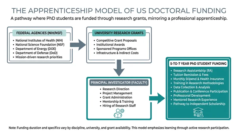 Because PhD students are funded by faculty research grants, federal budget cuts directly impact university admissions capacity.