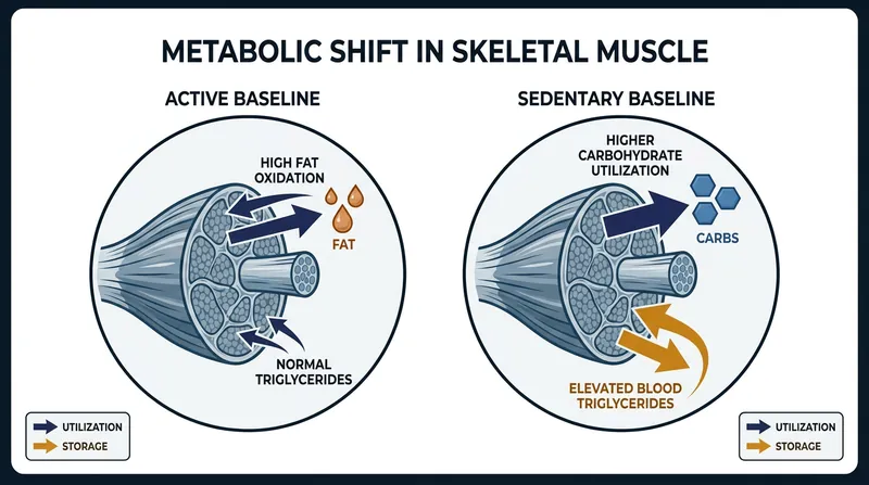 A sedentary baseline shifts the muscle's fuel preference, causing it to burn more carbohydrates and less fat during exertion.