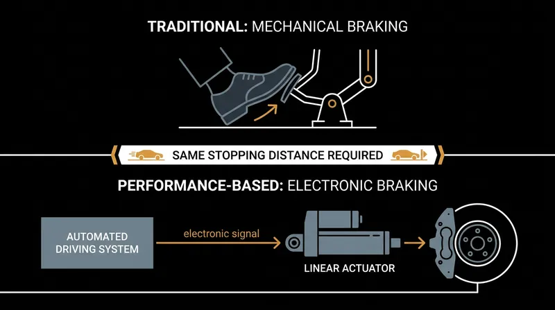 Under the new framework, vehicles must meet the exact same stopping distance requirements using electronic actuation instead of physical pedal force.