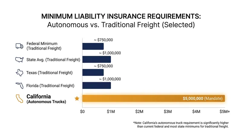 California has set a high financial bar for liability, mandating $5 million in coverage for driverless heavy-duty operations.