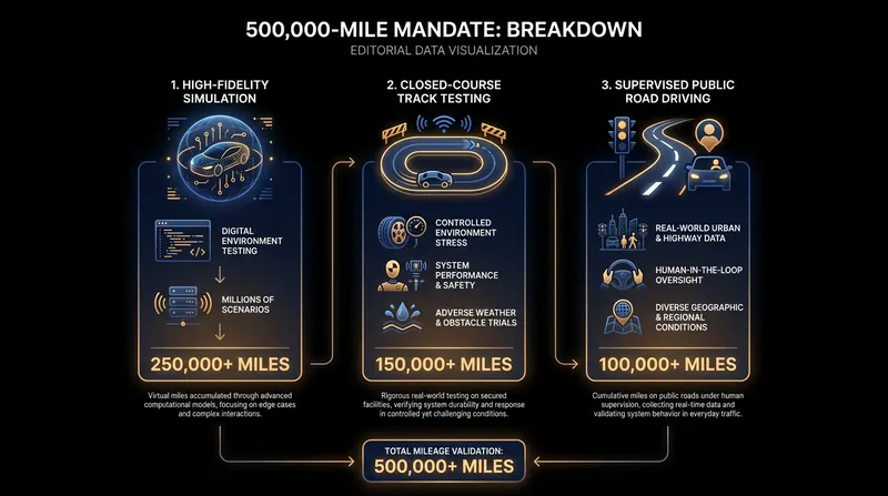 Developers must prove their systems across a half-million miles of varied testing environments before removing the human safety driver.
