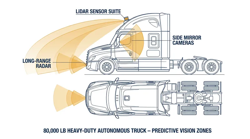 Unlike passenger robotaxis, heavy-duty trucks require sensor arrays capable of classifying objects hundreds of meters away to accommodate longer braking distances.