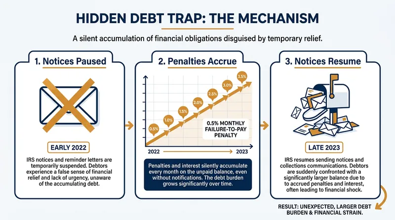 How the suspension of automated mailings led to compounding, invisible tax debt for millions.