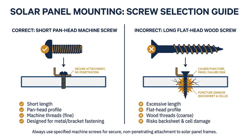 Using the longer wood screws to attach the solar panel can puncture the camera's internal battery.