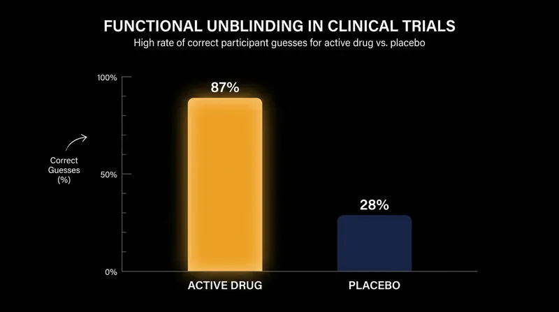 Functional unblinding occurs when patients can easily guess whether they received the active drug or a placebo.