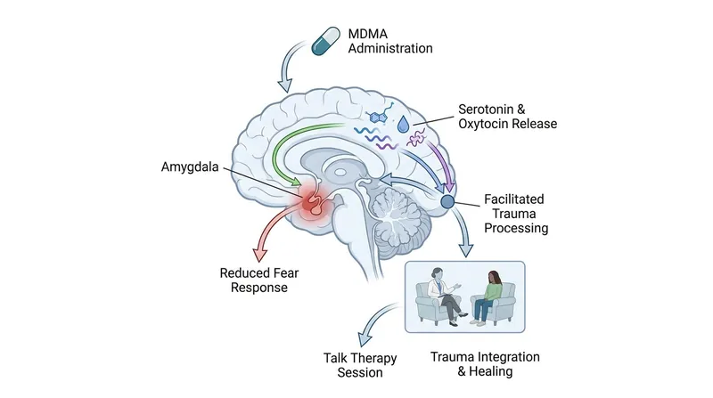 MDMA is theorized to reduce the brain's fear response, allowing patients to process traumatic memories during therapy.