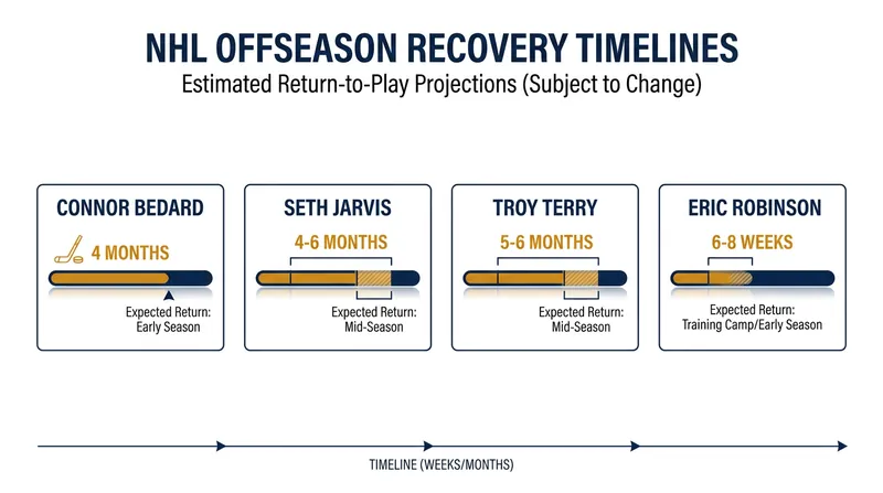 Projected recovery timelines for key NHL players undergoing offseason procedures.