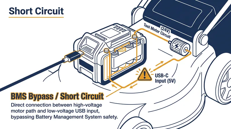 Charging the battery via USB-C while it remains docked in the tool creates an electrical conflict that bypasses safety systems.