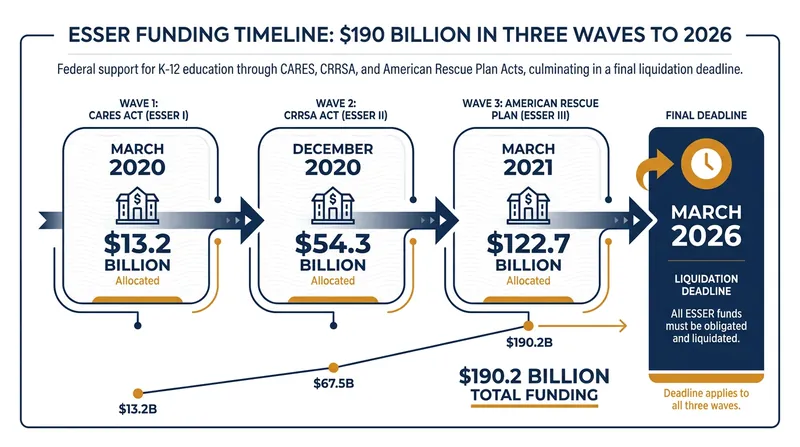 The $190 billion federal ESSER program was distributed in three waves, with final liquidation concluding in March 2026.