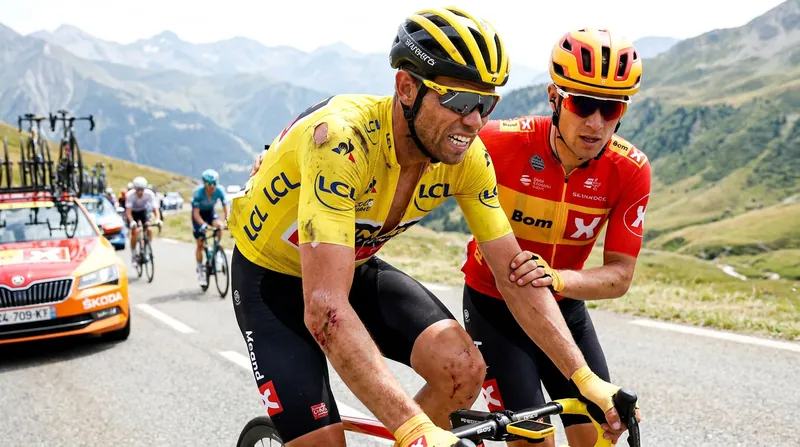 Torstein Træen remounted his bike after a heavy crash on the Col du Tourmalet, though injuries ultimately forced his withdrawal.