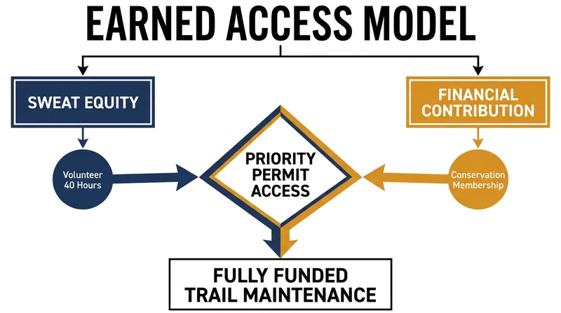 How the Earned Access model balances financial contributions with sweat equity to fund public lands.