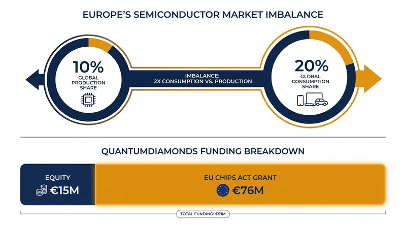 Europe currently consumes twice as many semiconductors as it produces, driving the strategic push for domestic equipment champions.