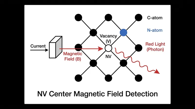 Nitrogen-vacancy centers in synthetic diamonds act as atomic-scale magnetometers, changing their fluorescence in response to electrical currents.