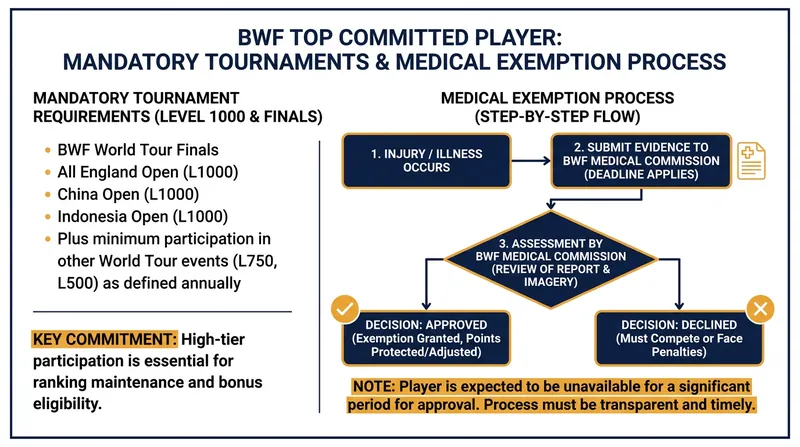 How the BWF balances mandatory tournament participation with medical exemptions for injured athletes.