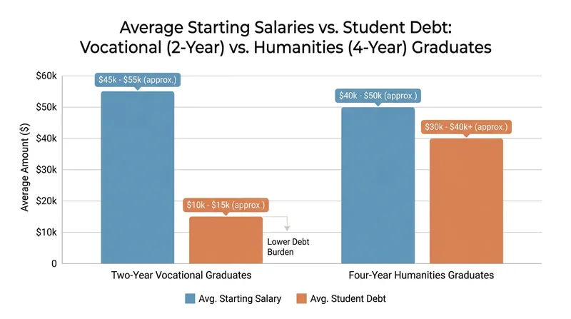 The immediate return on investment for trade school graduates is driven by low educational debt and high starting wages.