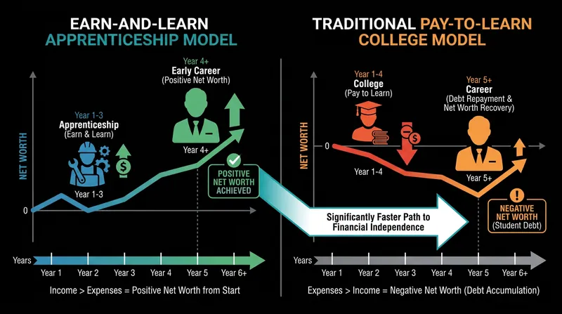 Apprenticeship models allow students to generate income while learning, accelerating their path to a positive net worth.