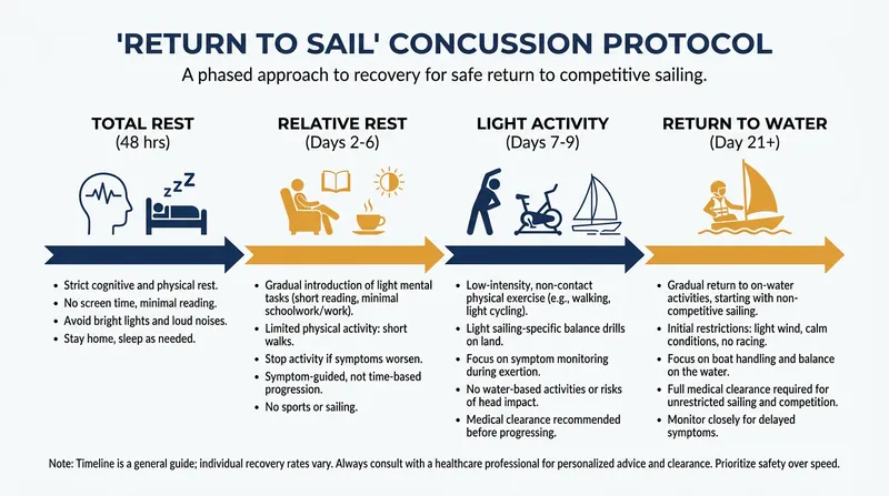 The RYA's baseline 21-day concussion protocol mandates strict phased recovery before returning to the water.