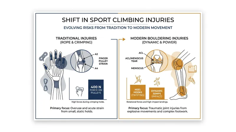 The evolution of competition climbing has shifted the primary injury risk from the fingers to the knees.