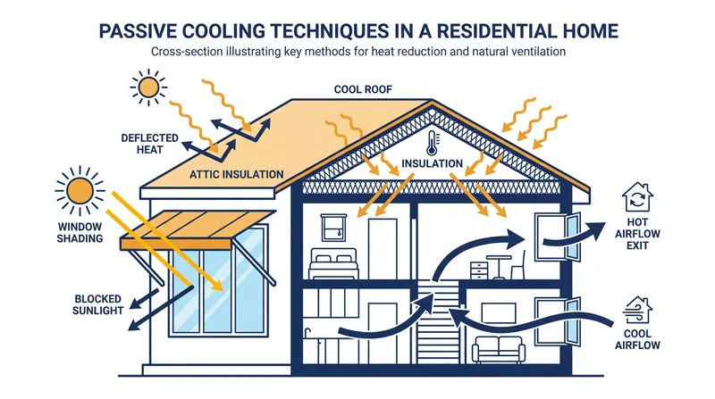 Passive cooling strategies reduce the thermal load on a building, allowing active systems to consume less energy.