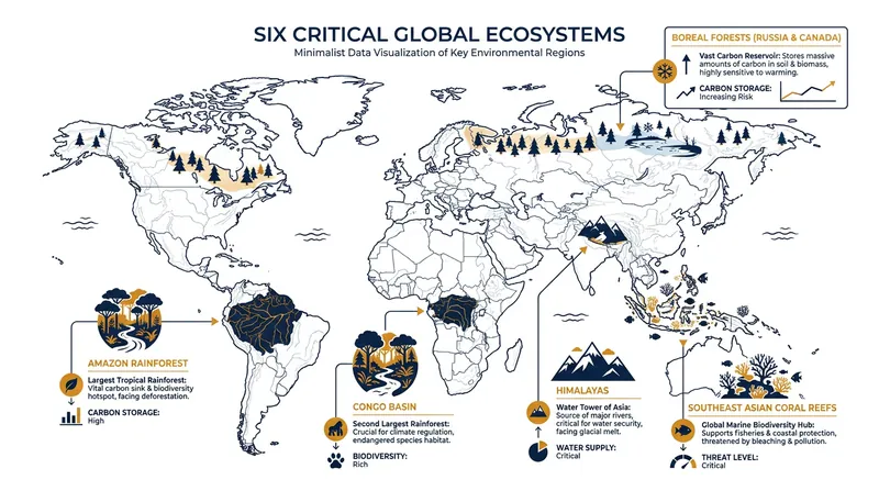 The six critical ecosystems identified by the UK intelligence assessment as vital to global stability.