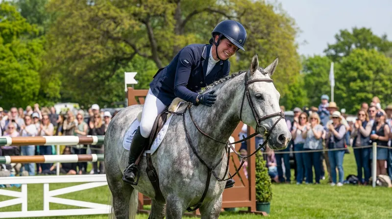 Upton celebrates her clear show jumping round, securing her second consecutive CCI4*-L title.