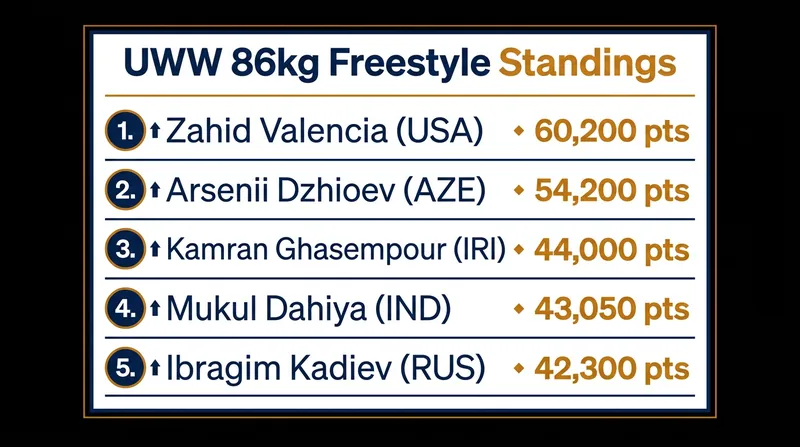 The 86kg leaderboard features a tight race for the final two seeded positions behind Valencia and Dzhioev.