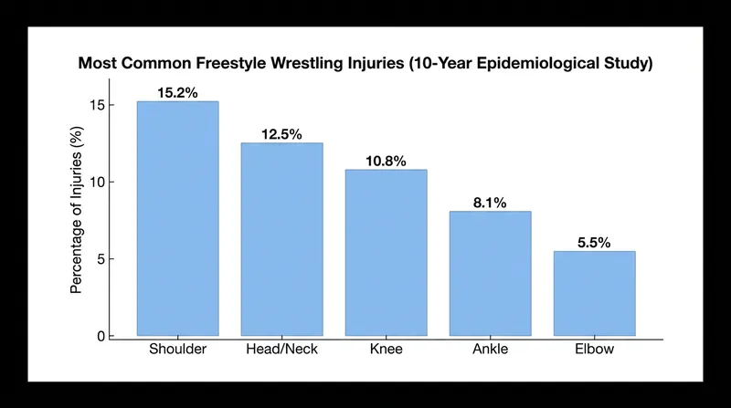 A 10-year analysis highlights the shoulder and knee as the most frequently injured areas in wrestling.