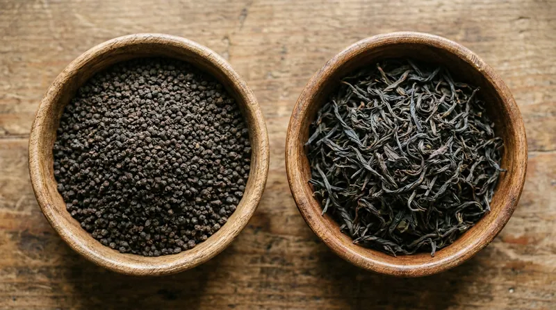 Bulk CTC tea (left) is favored for industrial beverages, while orthodox tea (right) commands a premium for its whole-leaf flavor.