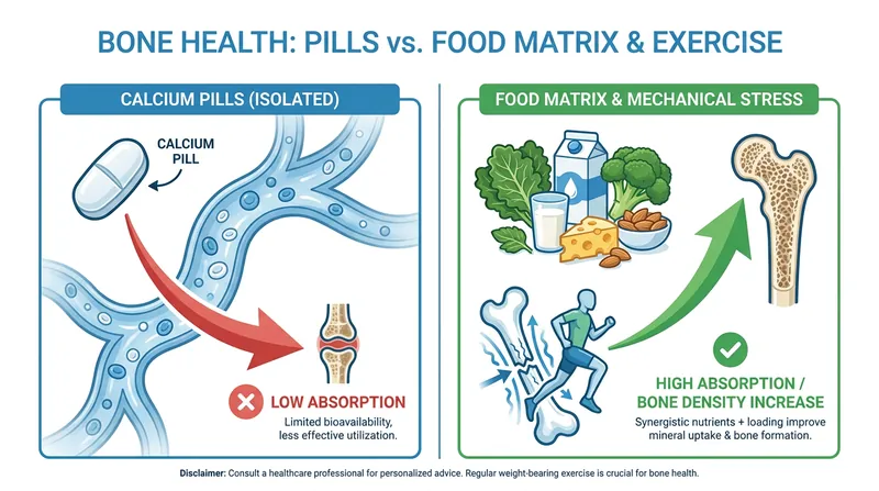 Bones require mechanical stress from exercise to effectively utilize calcium, and nutrients are often better absorbed from whole foods than isolated pills.