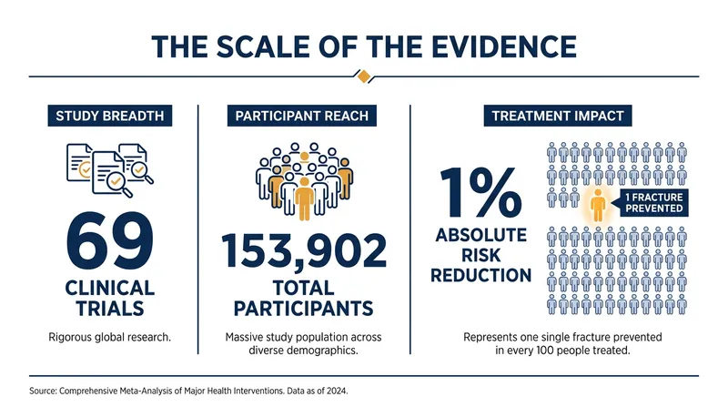 The BMJ review pooled data from nearly 154,000 adults, finding only a 1% absolute risk reduction in fractures from combined supplementation.