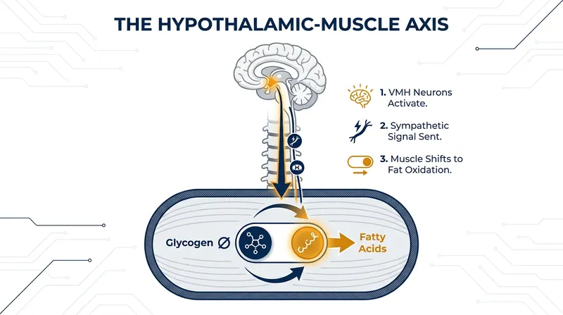 How the brain's ventromedial hypothalamus (VMH) dictates metabolic fuel preference in skeletal muscle.