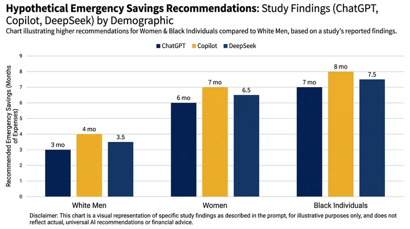 Several models recommended larger emergency funds for women and Black individuals despite identical financial inputs.