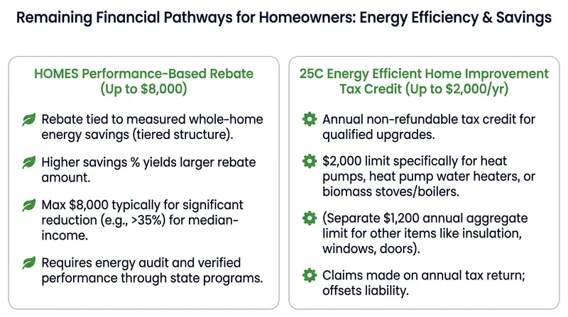 Despite the HEEHR restrictions, homeowners can still utilize the HOMES program and the 25C tax credit for energy upgrades.