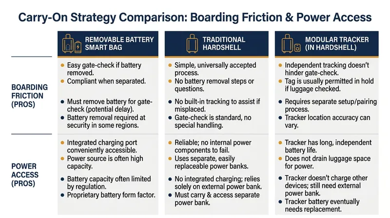 The 2026 carry-on market is split between integrated removable batteries and traditional shells paired with independent tech.