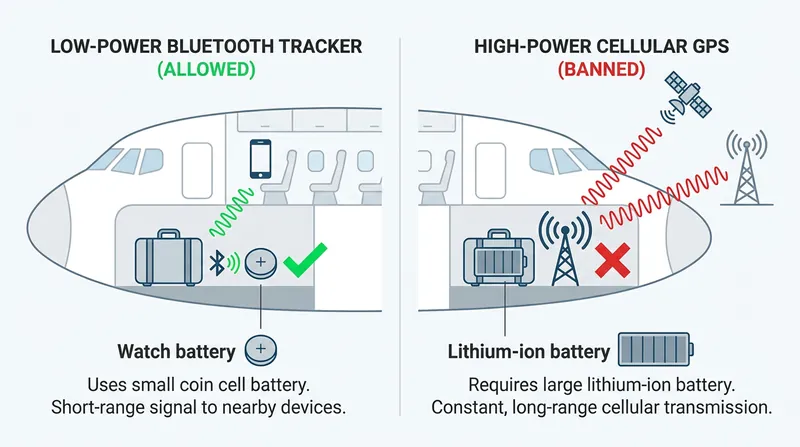 Aviation authorities permit low-power Bluetooth trackers in the cargo hold, offering a compliant alternative to built-in GPS.