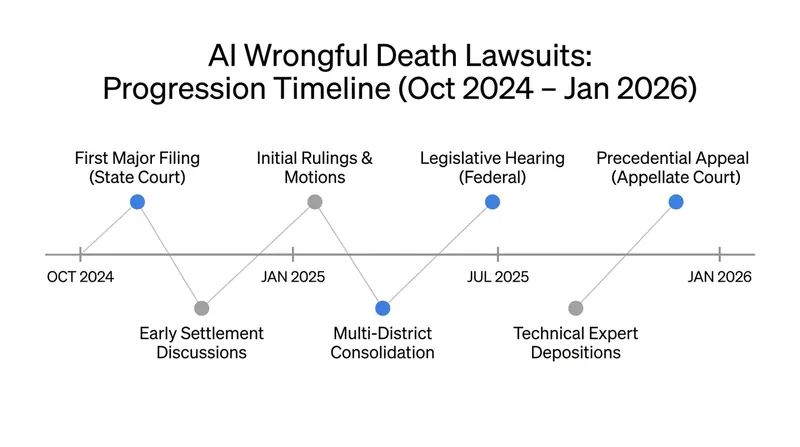 A timeline of major wrongful death lawsuits filed against AI developers.
