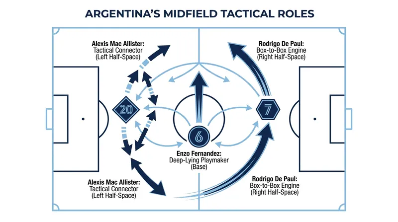 The Scaloneta midfield relies on complementary profiles: a deep playmaker flanked by two dynamic, space-invading interiors.