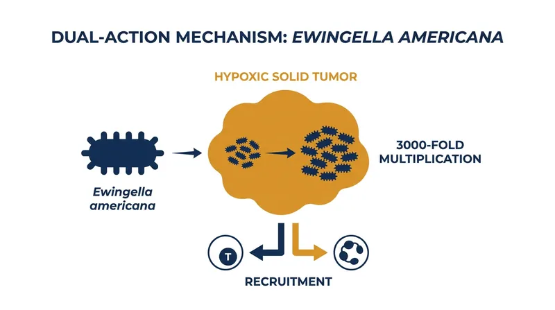The bacterium attacks cancer through direct cellular destruction and massive immune system recruitment.