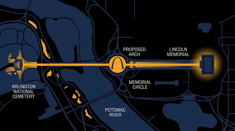 The proposed arch would sit directly in the historic sightline between the Lincoln Memorial and Arlington National Cemetery.