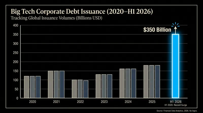 Technology companies issued a record $350 billion in debt in the first half of 2026 to fund physical infrastructure.