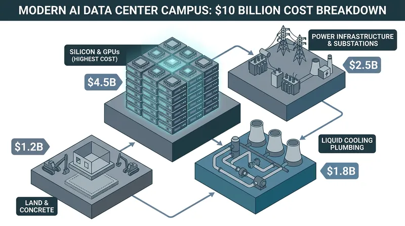 Modern AI training clusters require billions in specialized power and cooling infrastructure before a single processor is installed.