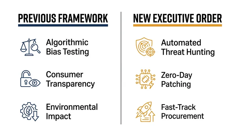 The executive order marks a definitive shift from consumer safeguards to military and cyber defense capabilities.