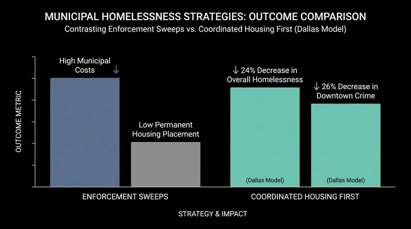 Data from Texas cities highlights the divergent outcomes of enforcement-led sweeps versus coordinated housing initiatives.