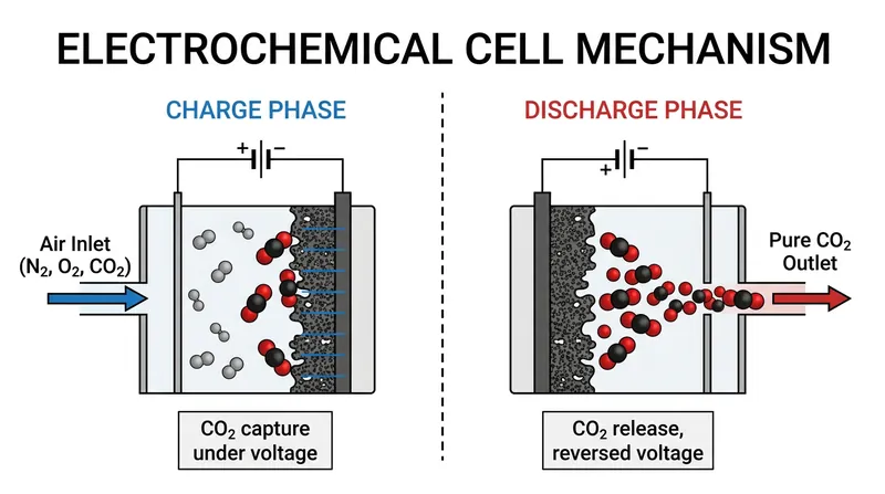 The device acts like a battery, using a voltage swing to bind and release carbon dioxide molecules.