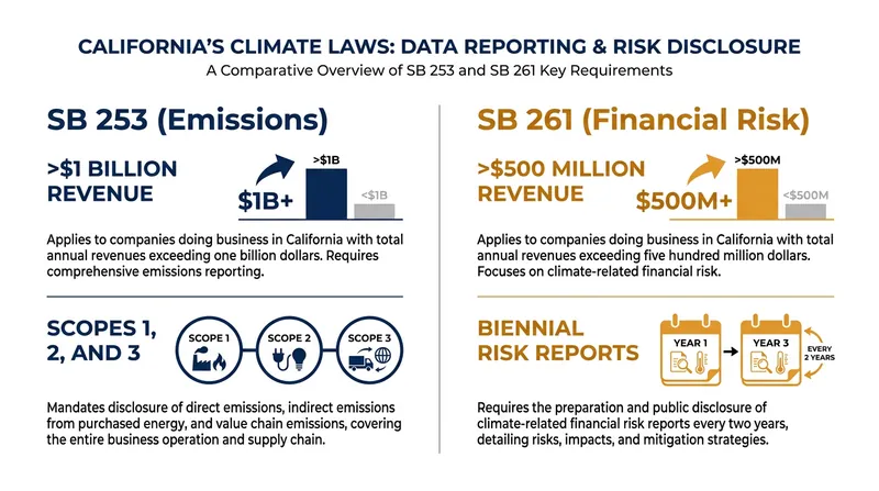 The revenue thresholds and reporting requirements for California's Climate Accountability Package.