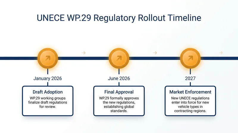 The timeline for the adoption and enforcement of the new global autonomous driving regulations.